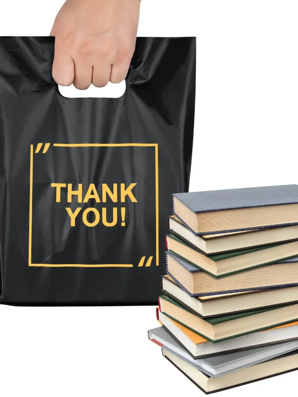 50 Pack Die Cut Plastic Shopping Bags with Thank You Logo 9x12 Merchandise Bags